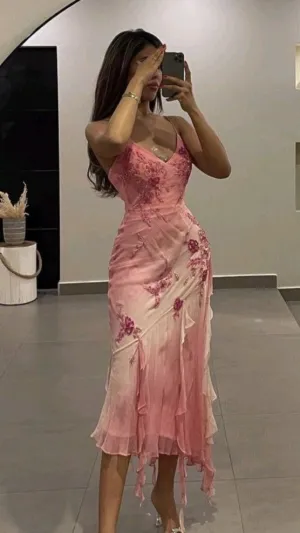 JazzHer Vintage Sheath Spaghetti Straps Pink Chiffon Knee Length Prom Dresses Evening Dress (PRE-ORDER)