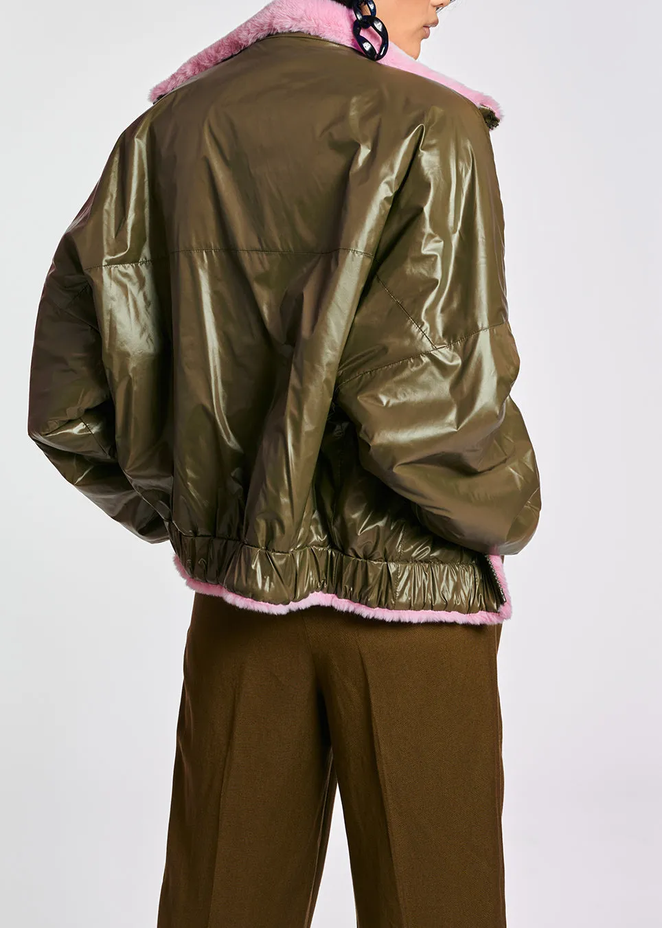 Khaki green and pink reversible bomber jacket