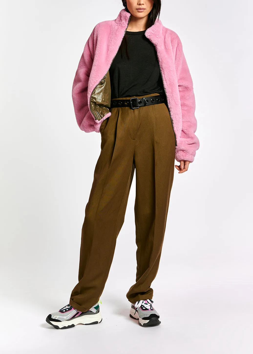 Khaki green and pink reversible bomber jacket