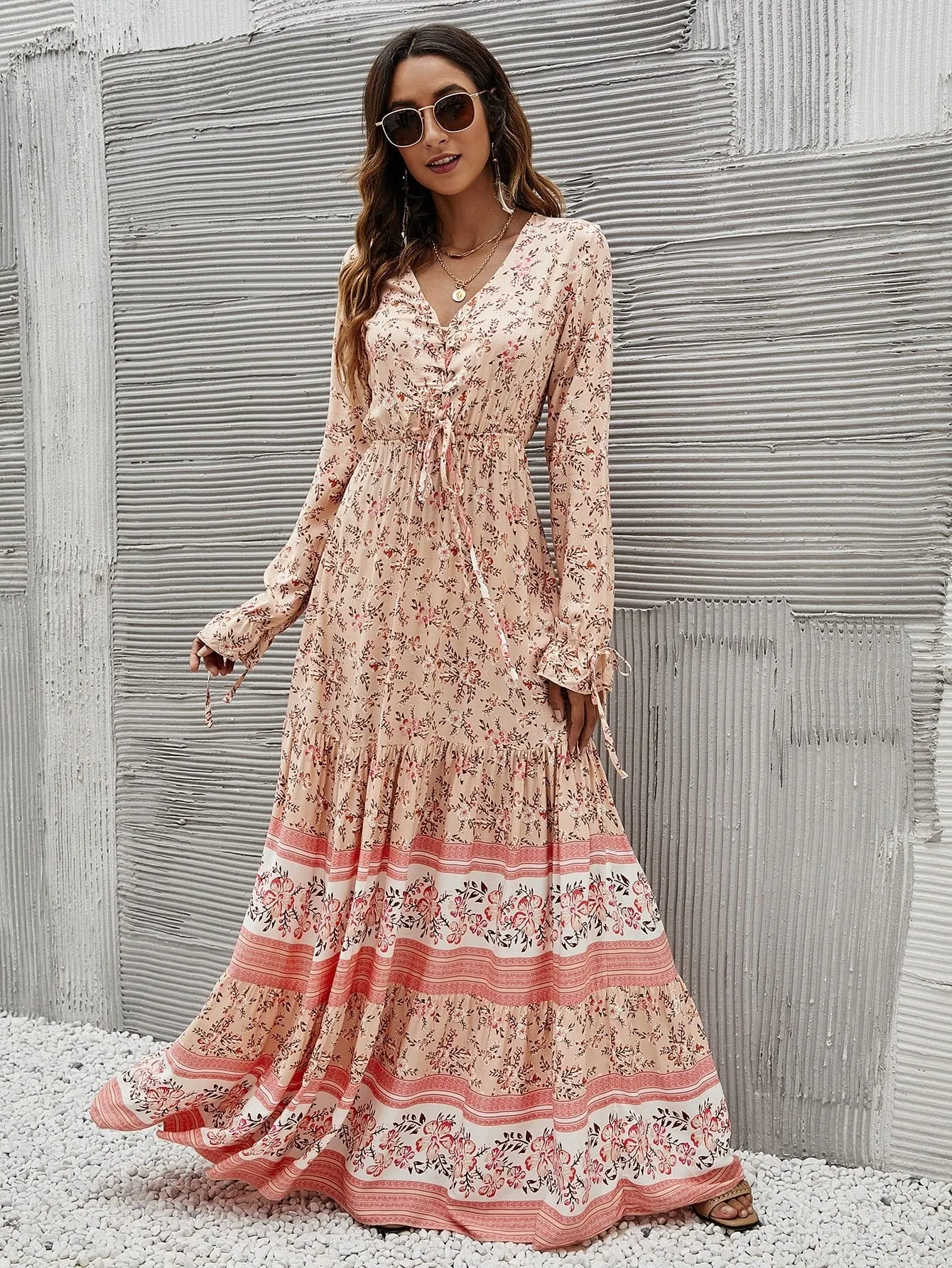 Lace Up Ruffle Long sleeve Dress