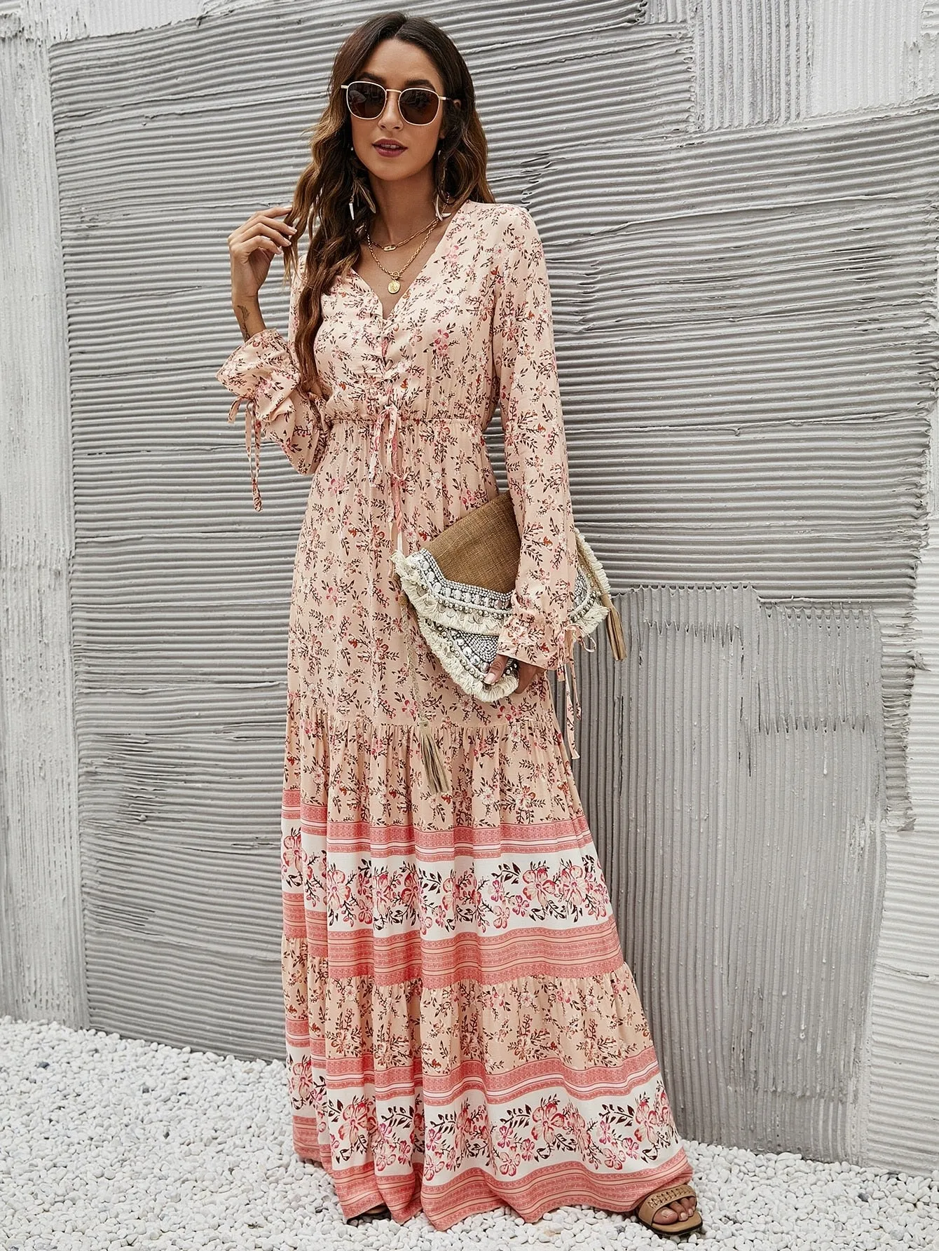 Lace Up Ruffle Long sleeve Dress