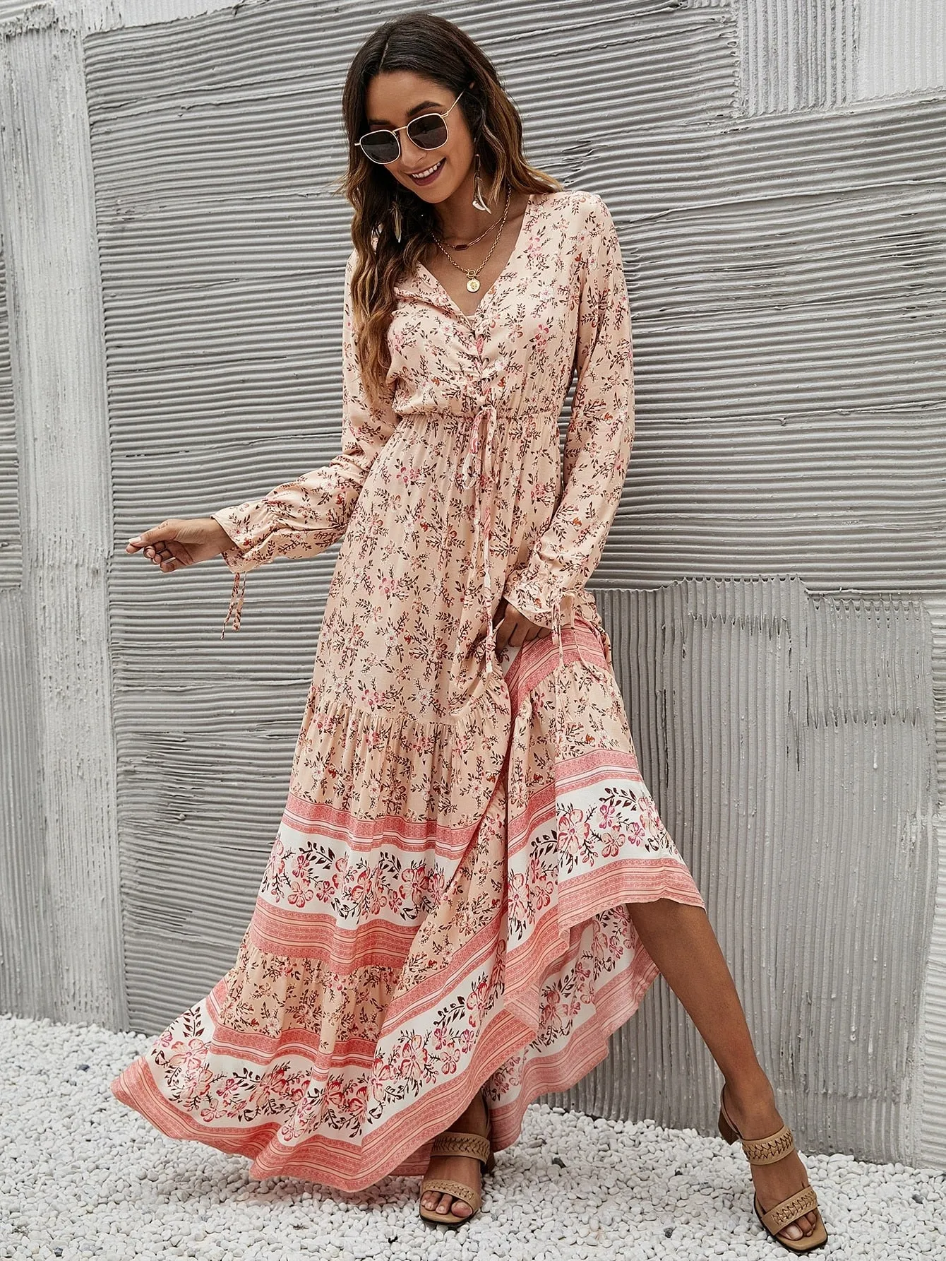Lace Up Ruffle Long sleeve Dress