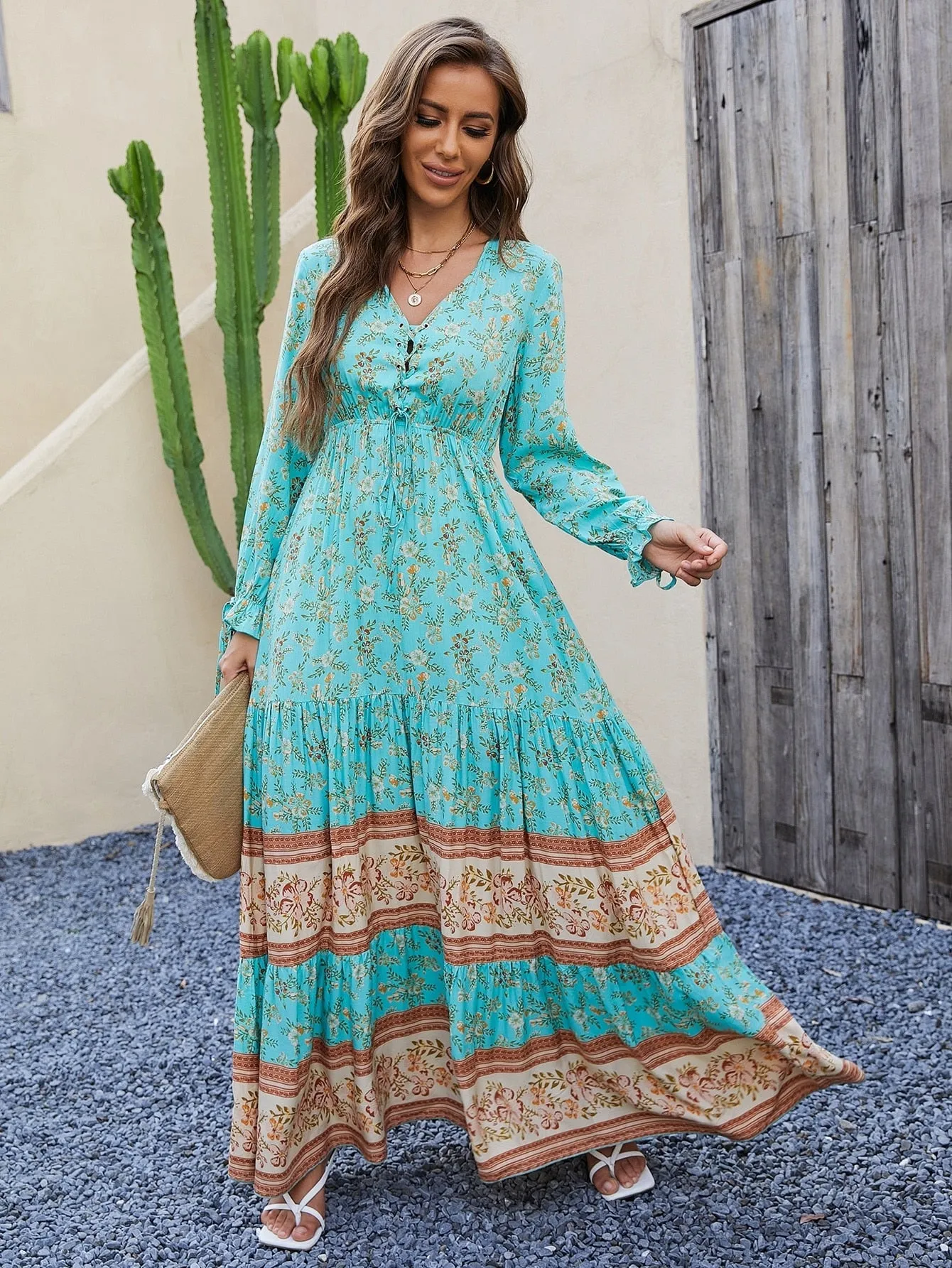 Lace Up Ruffle Long sleeve Dress