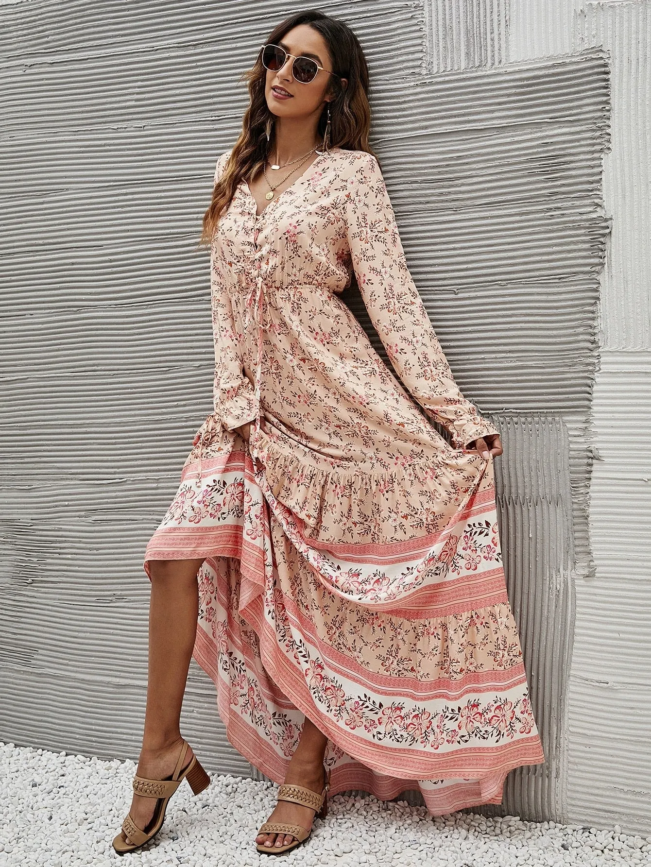 Lace Up Ruffle Long sleeve Dress