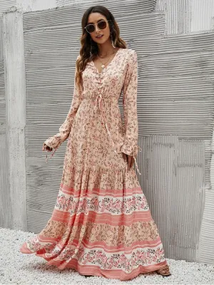 Lace Up Ruffle Long sleeve Dress