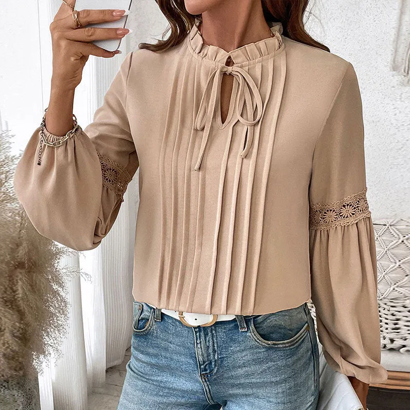 Lace-Up V-Neck Solid Color Pleated Shirts Wholesale Womens Clothing N3824112000014
