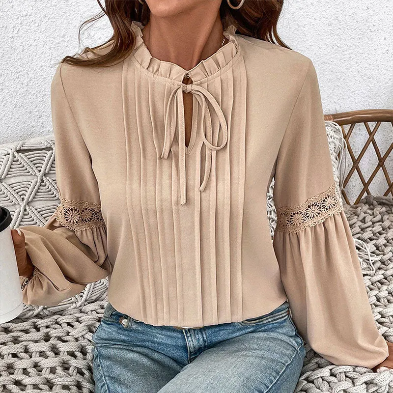 Lace-Up V-Neck Solid Color Pleated Shirts Wholesale Womens Clothing N3824112000014