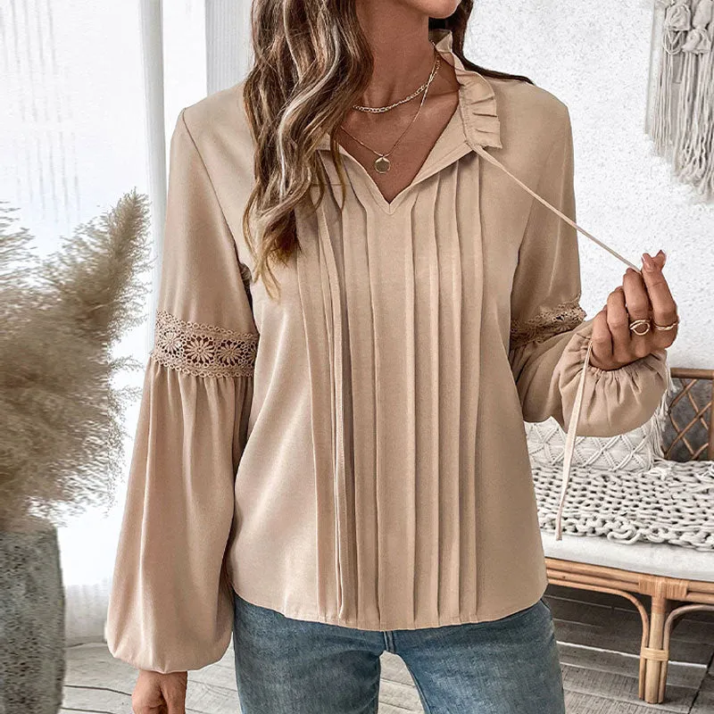 Lace-Up V-Neck Solid Color Pleated Shirts Wholesale Womens Clothing N3824112000014