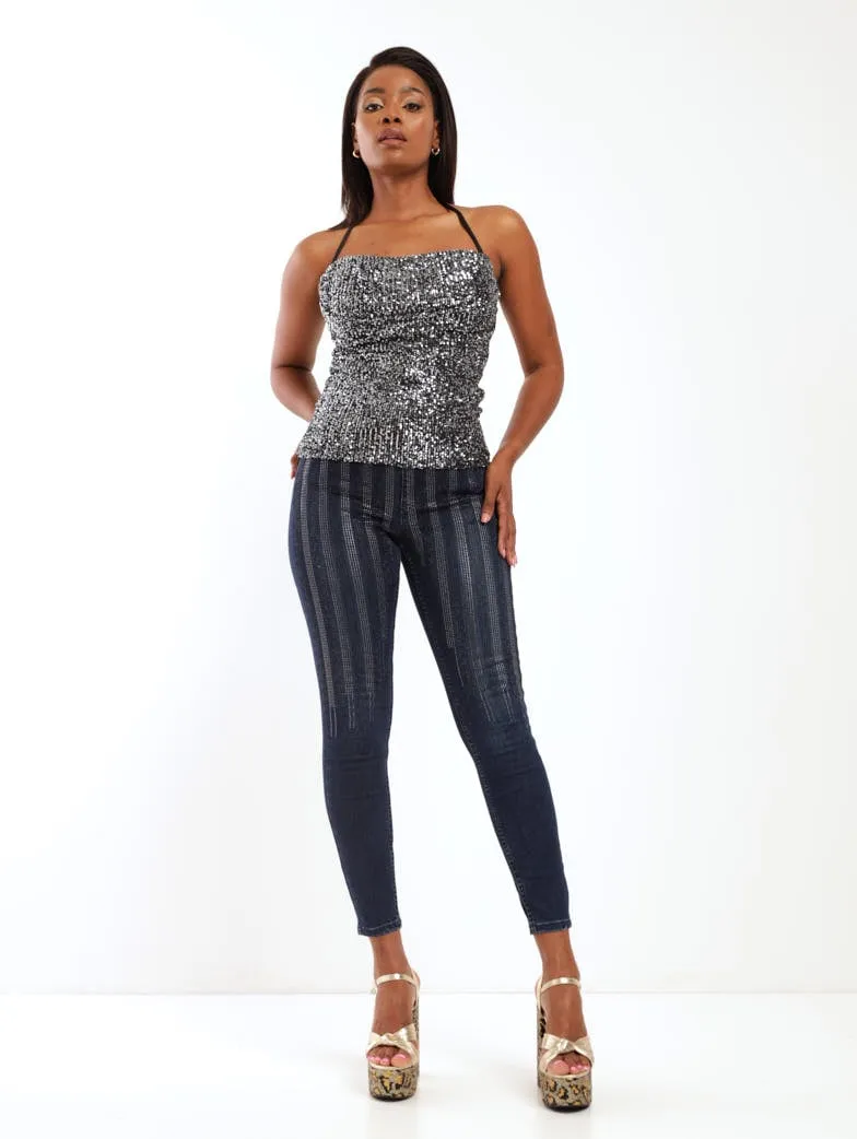 Ladies Cowl Neck Strappy Sequin Top - Black