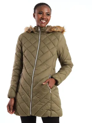 Ladies Fur Trim Diamond Down Quilted Jacket - Black