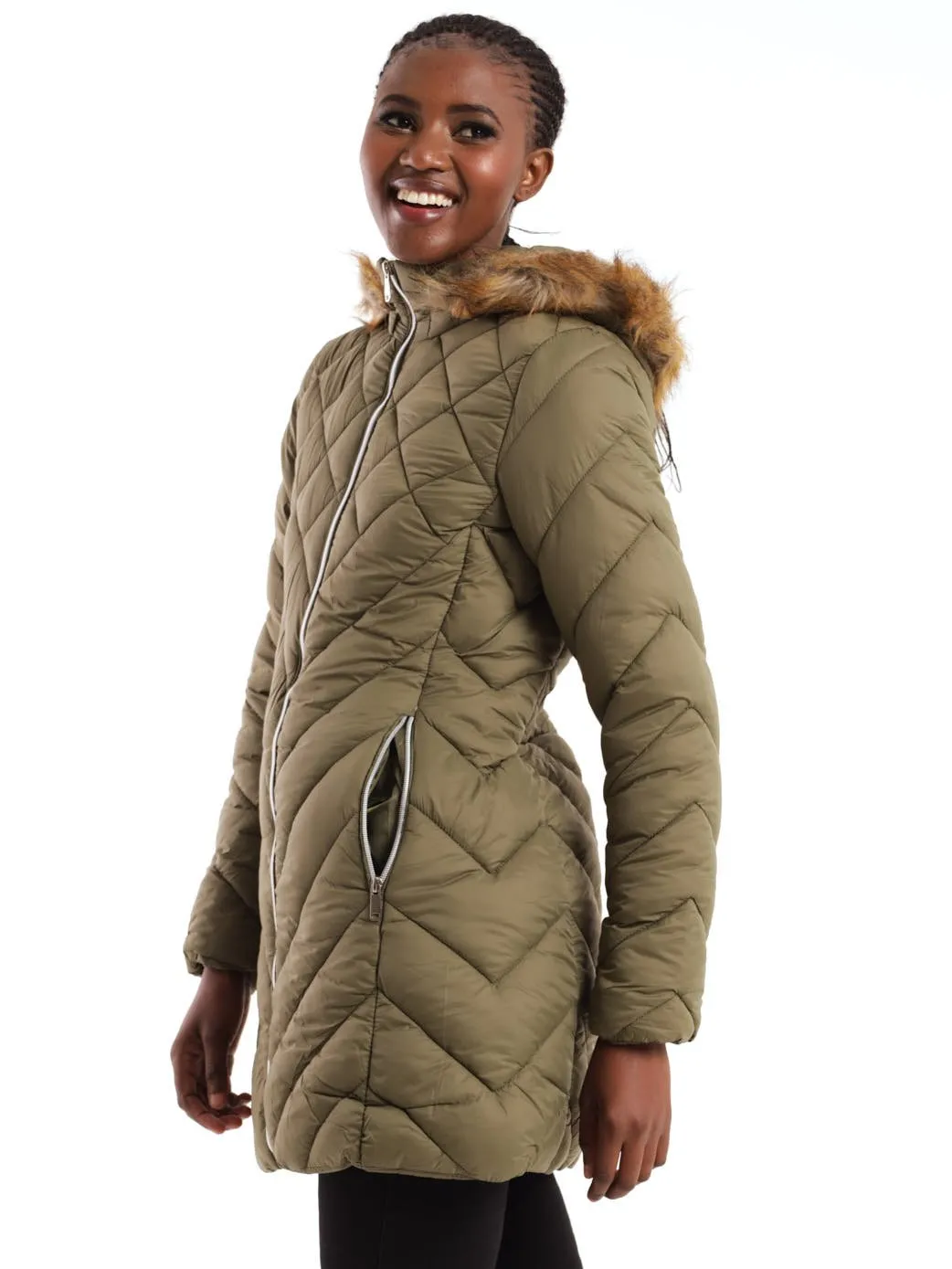 Ladies Fur Trim Diamond Down Quilted Jacket - Black
