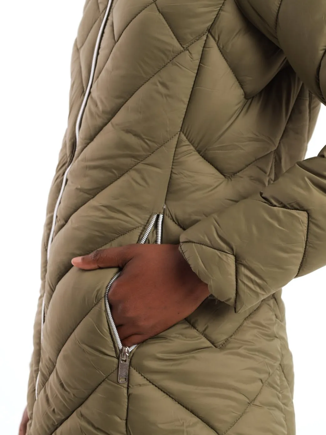 Ladies Fur Trim Diamond Down Quilted Jacket - Black