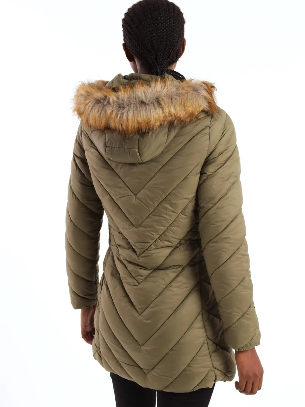Ladies Fur Trim Diamond Down Quilted Jacket - Black