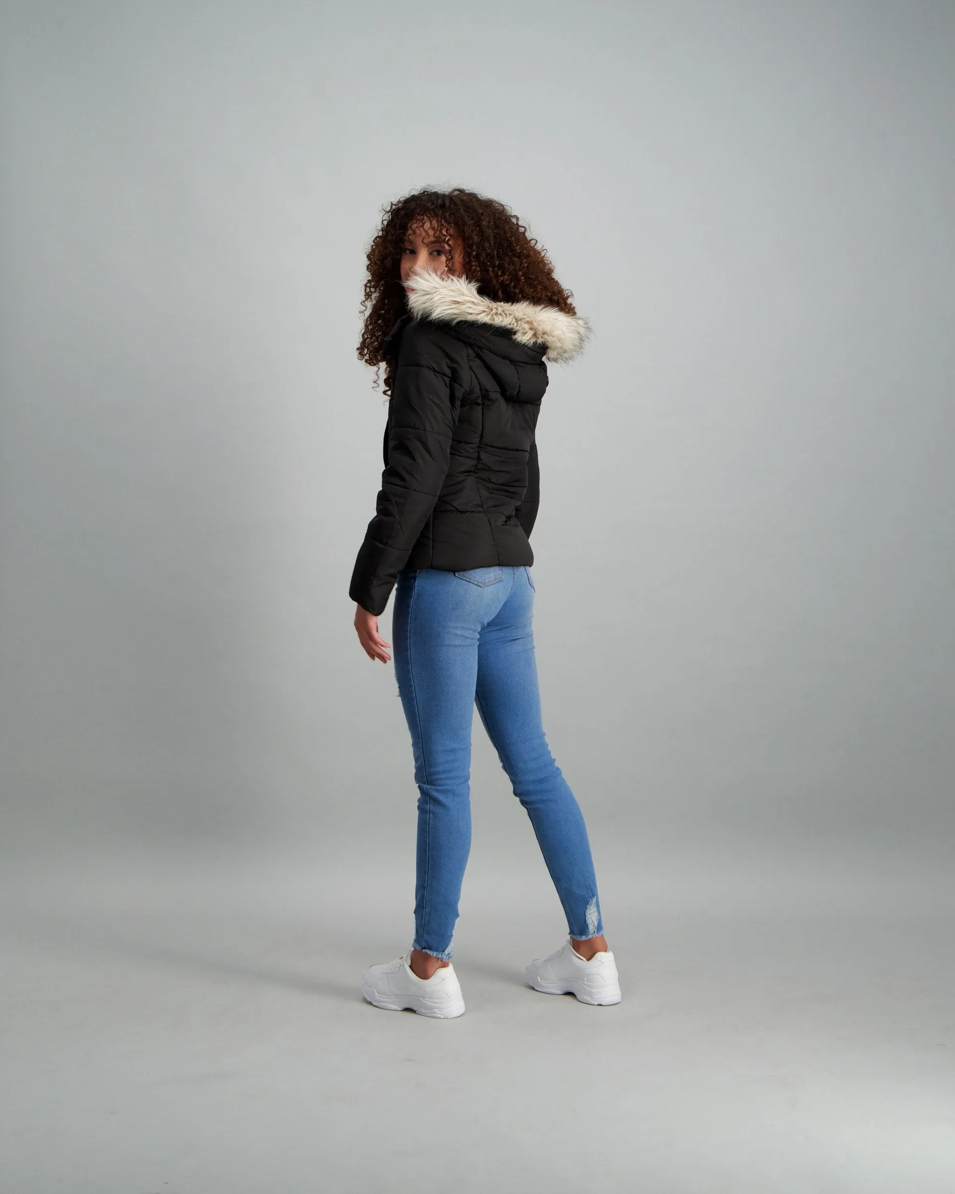 Ladies Fur Trim Puffer Jacket - Black