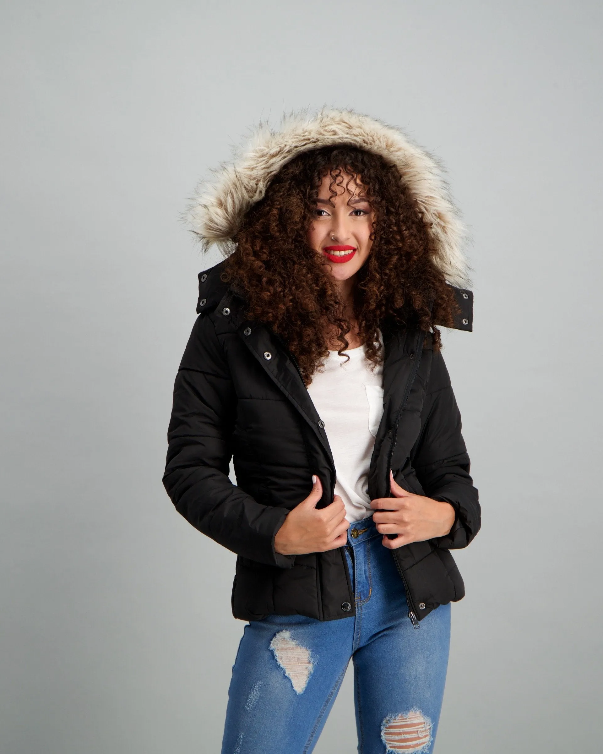 Ladies Fur Trim Puffer Jacket - Black