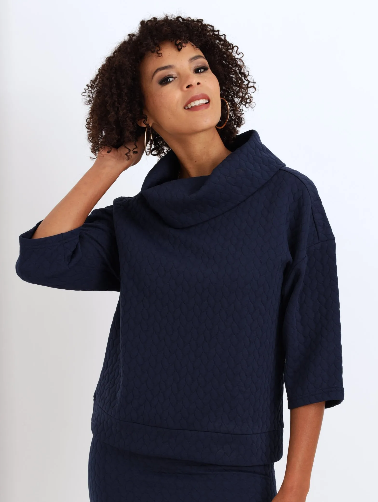 Ladies Quilted Cowl Neck Top - Navy