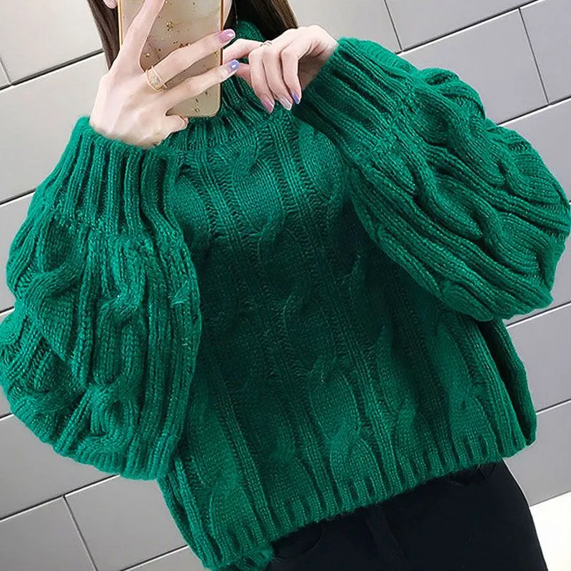 Lady’s Turtleneck Braid Knit Crop Sweater Green - Great Gift