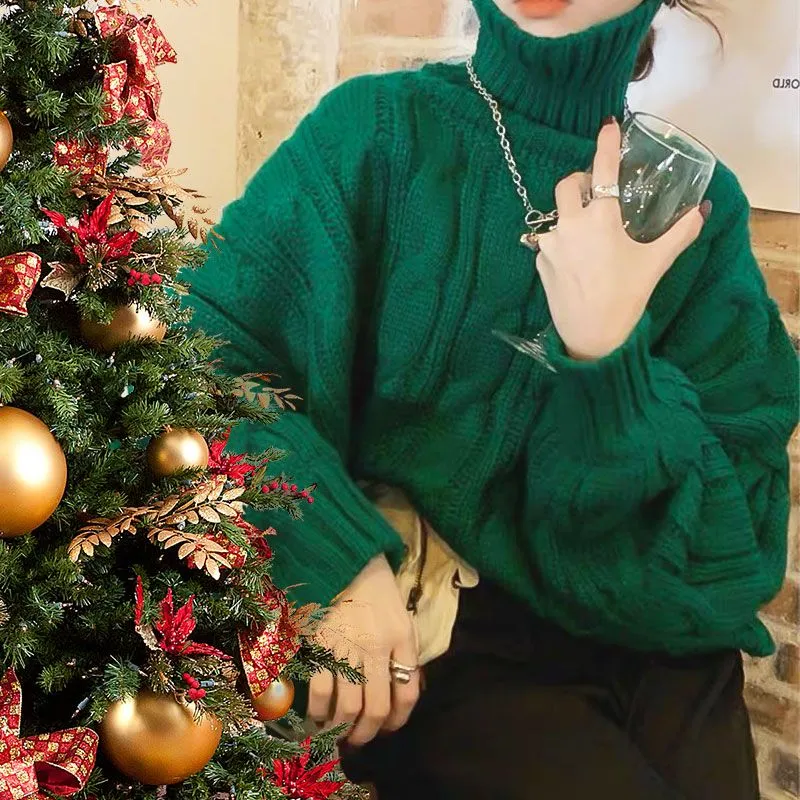 Lady’s Turtleneck Braid Knit Crop Sweater Green - Great Gift
