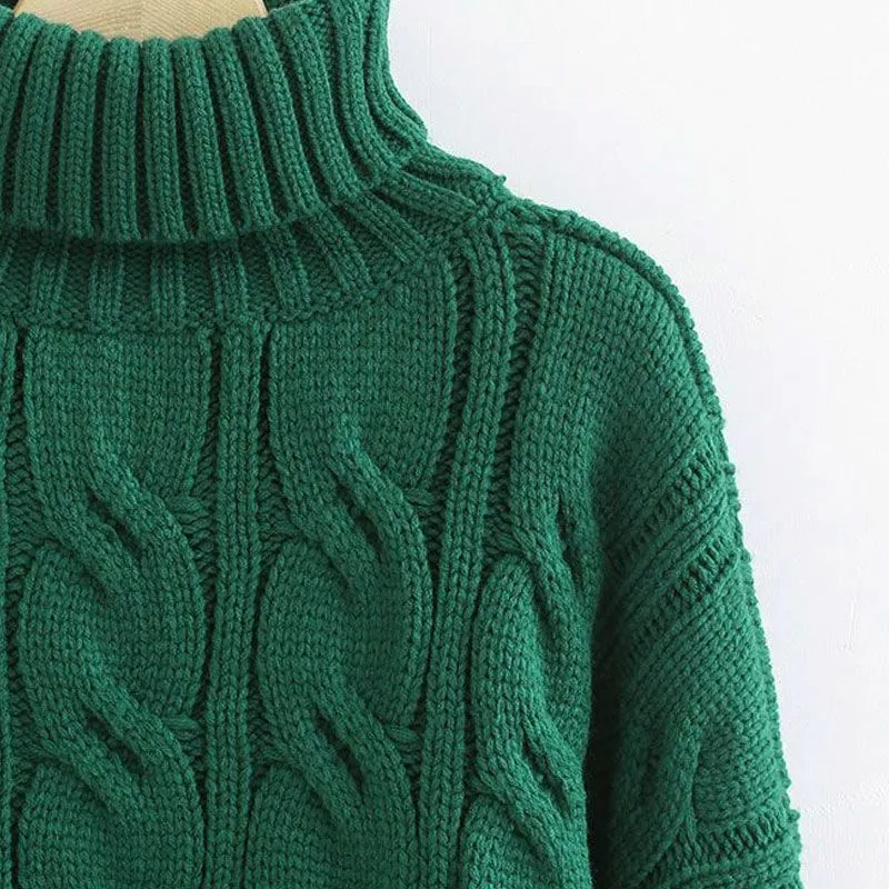 Lady’s Turtleneck Braid Knit Crop Sweater Green - Great Gift