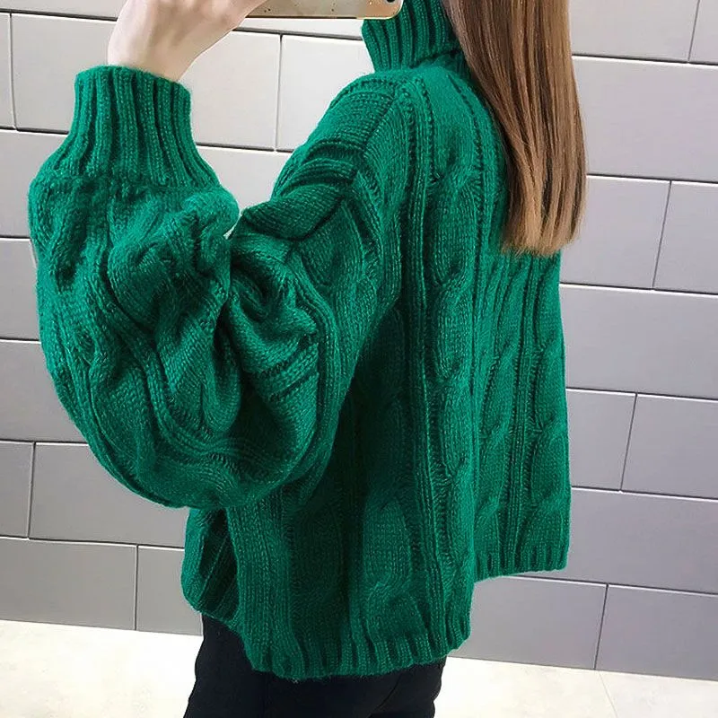 Lady’s Turtleneck Braid Knit Crop Sweater Green - Great Gift