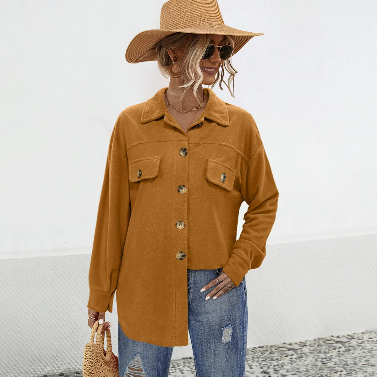 Lapel Button Plush Shirt Jackets Wholesale Womens Clothing N3824111300037