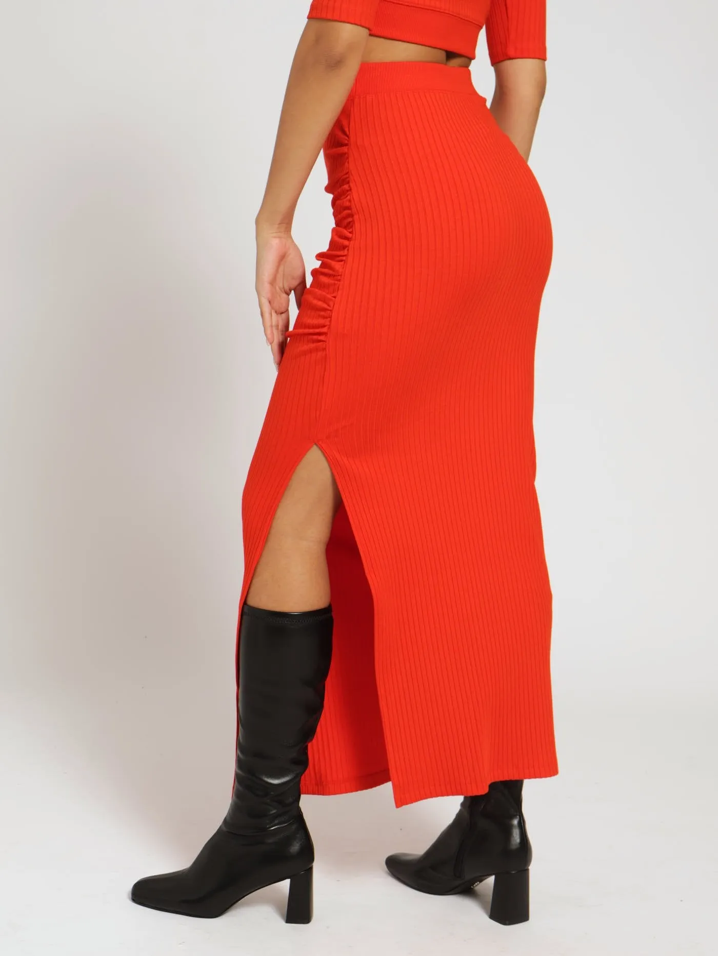Lauren High Waisted Rib Bodycon Maxi Skirt - Tangerine