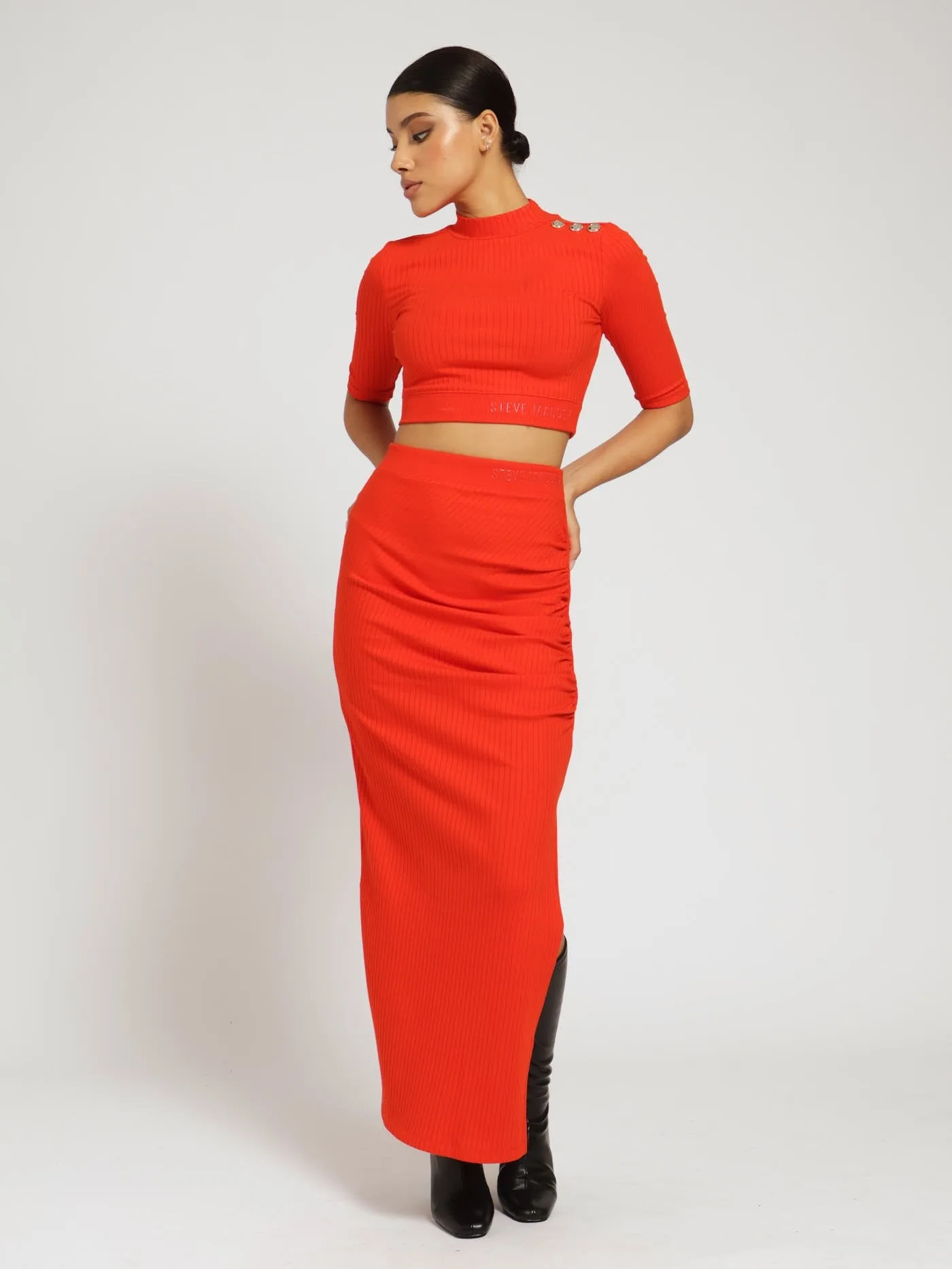 Lauren High Waisted Rib Bodycon Maxi Skirt - Tangerine