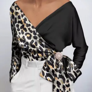 Leopard wrap satin blouse