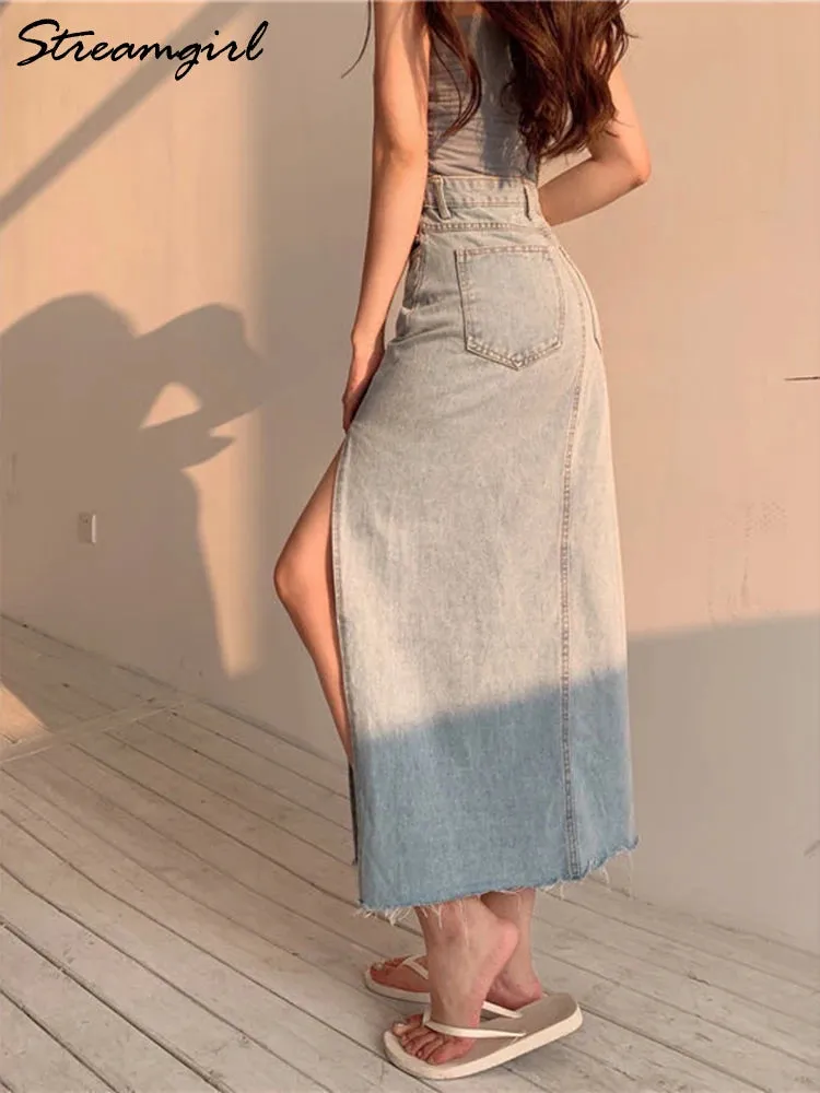 Long Jean Skirt Denim Vintage Maxi Skirt Side Split Denim Skirt
