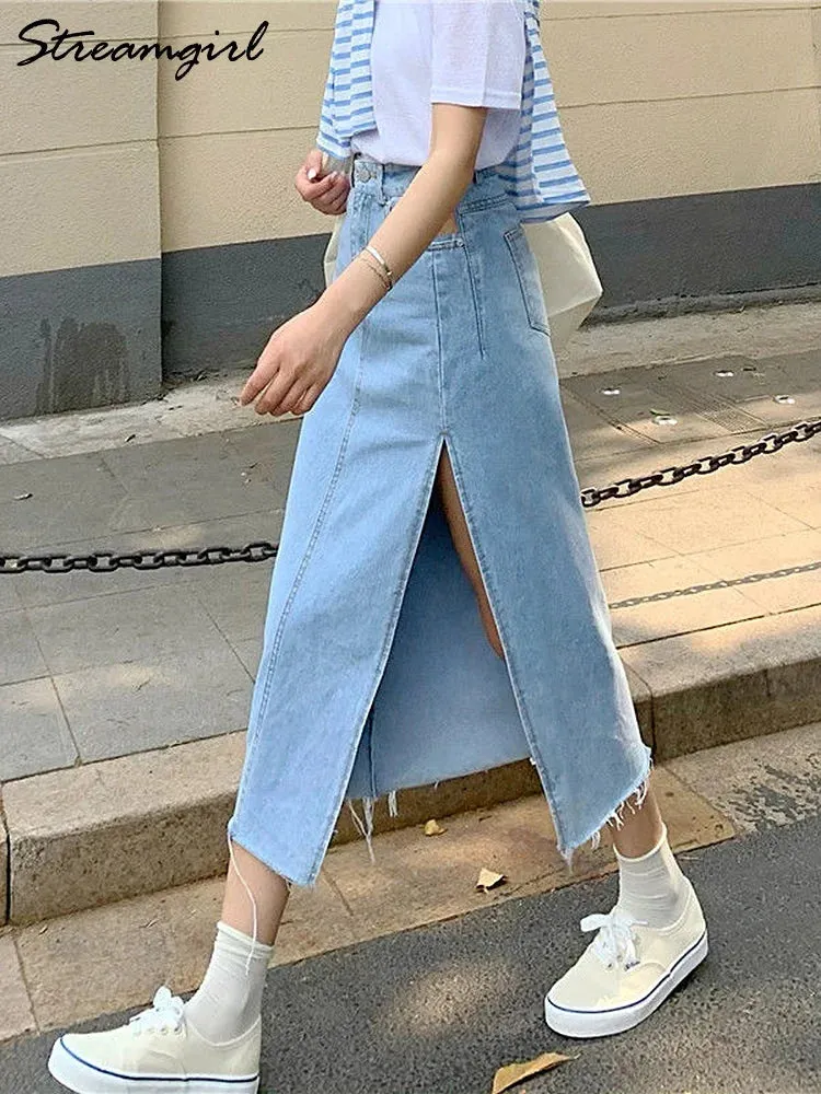 Long Jean Skirt Denim Vintage Maxi Skirt Side Split Denim Skirt