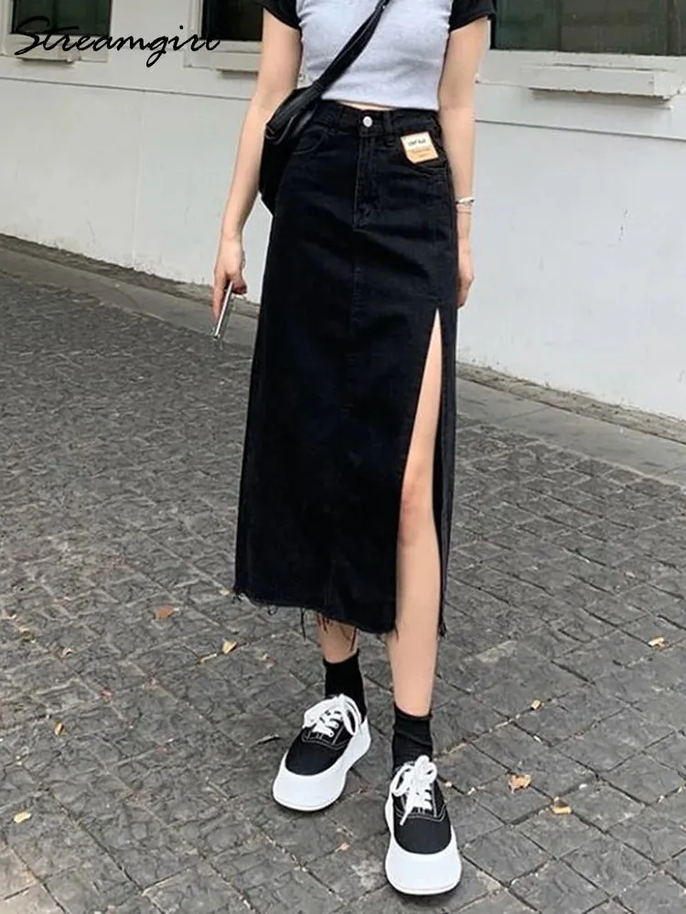 Long Jean Skirt Denim Vintage Maxi Skirt Side Split Denim Skirt
