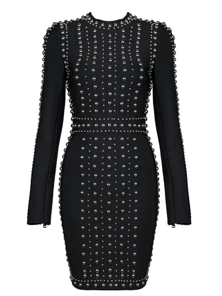 Long Sleeve Beadings Bandage Dress
