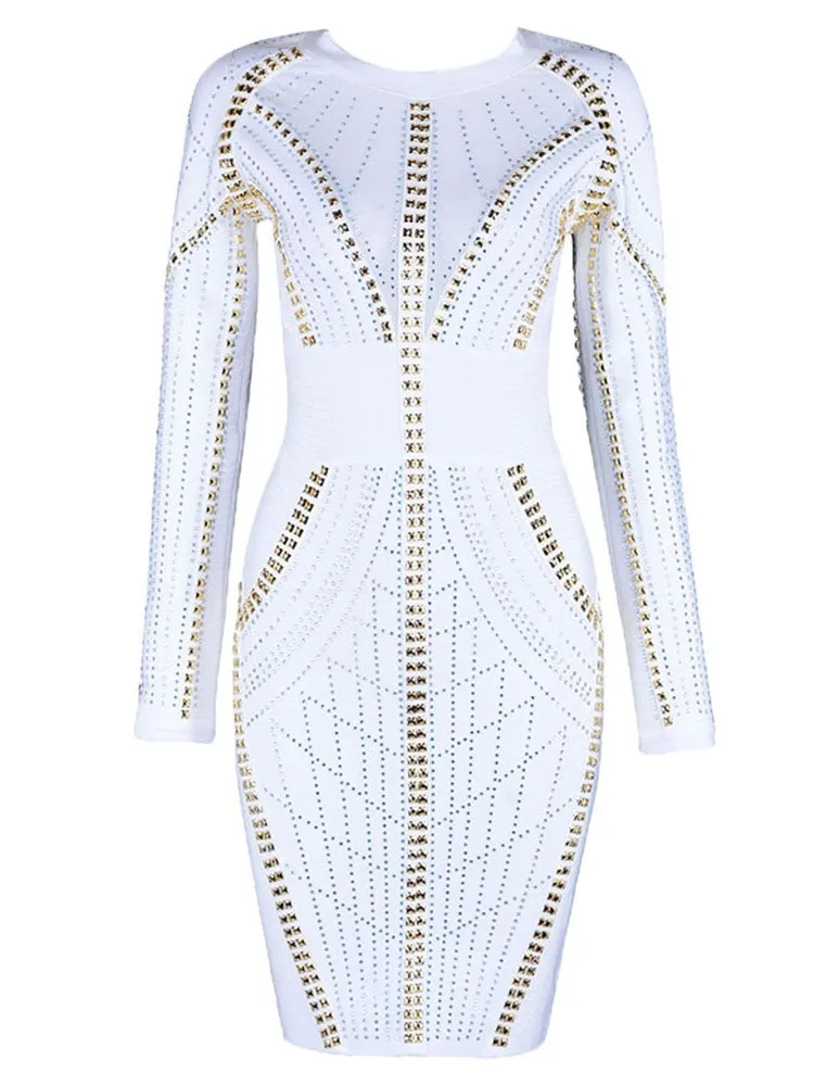 Long Sleeve Beadings Bandage Dress