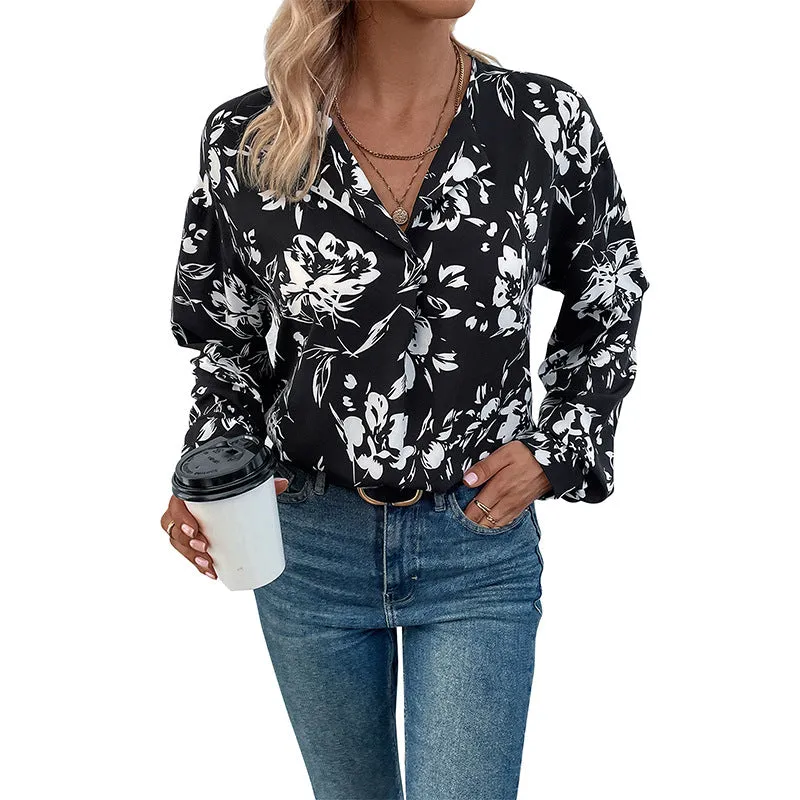 Long Sleeve Black Printed Shirts Wholesale Womens Clothing N3824082900017
