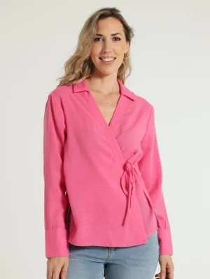 Long Sleeve Wrap Blouse - Pink
