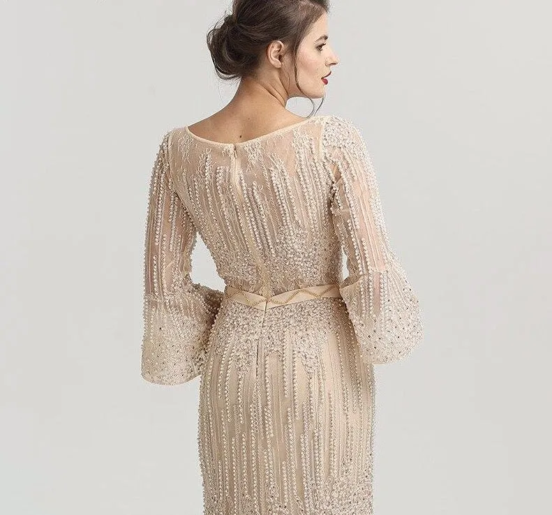 Long Sleeves Fashion Luxury Evening Dresses V-Neck Mermaid Pearls Crystal Sexy Formal Dress