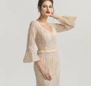 Long Sleeves Fashion Luxury Evening Dresses V-Neck Mermaid Pearls Crystal Sexy Formal Dress
