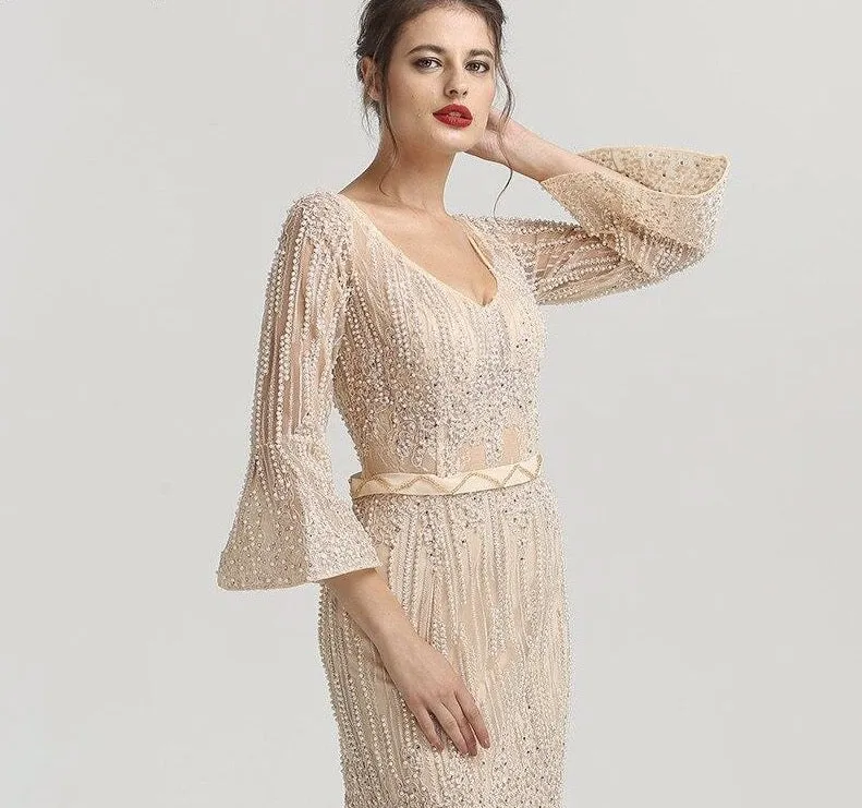 Long Sleeves Fashion Luxury Evening Dresses V-Neck Mermaid Pearls Crystal Sexy Formal Dress