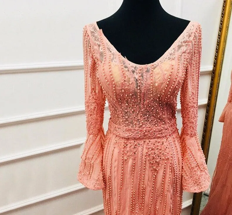 Long Sleeves Fashion Luxury Evening Dresses V-Neck Mermaid Pearls Crystal Sexy Formal Dress