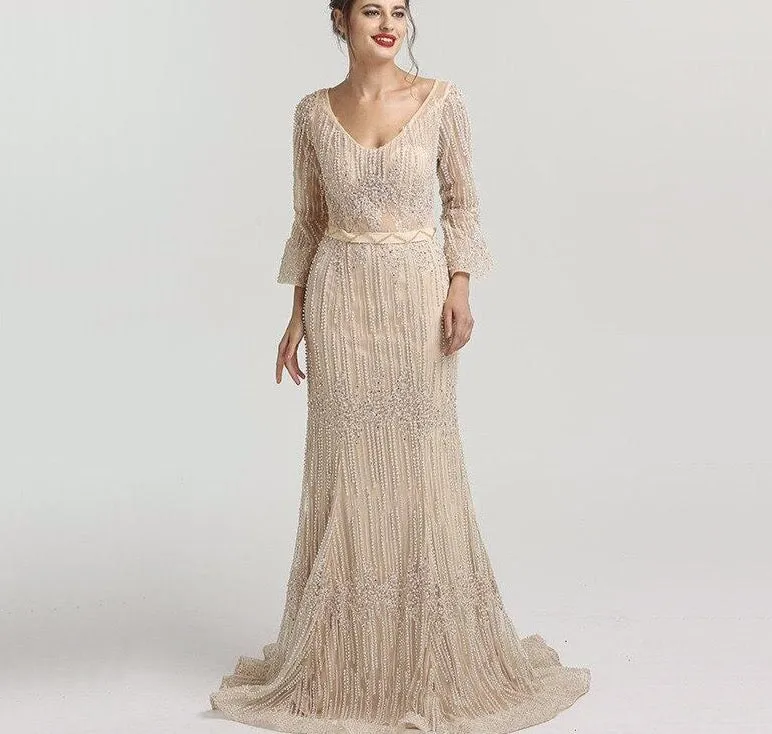 Long Sleeves Fashion Luxury Evening Dresses V-Neck Mermaid Pearls Crystal Sexy Formal Dress