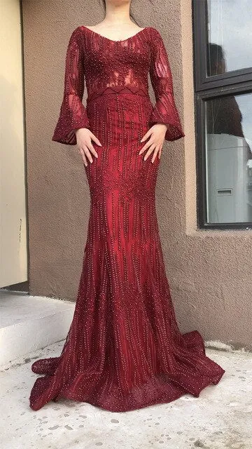 Long Sleeves Fashion Luxury Evening Dresses V-Neck Mermaid Pearls Crystal Sexy Formal Dress