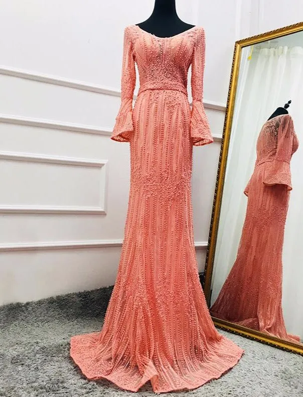 Long Sleeves Fashion Luxury Evening Dresses V-Neck Mermaid Pearls Crystal Sexy Formal Dress