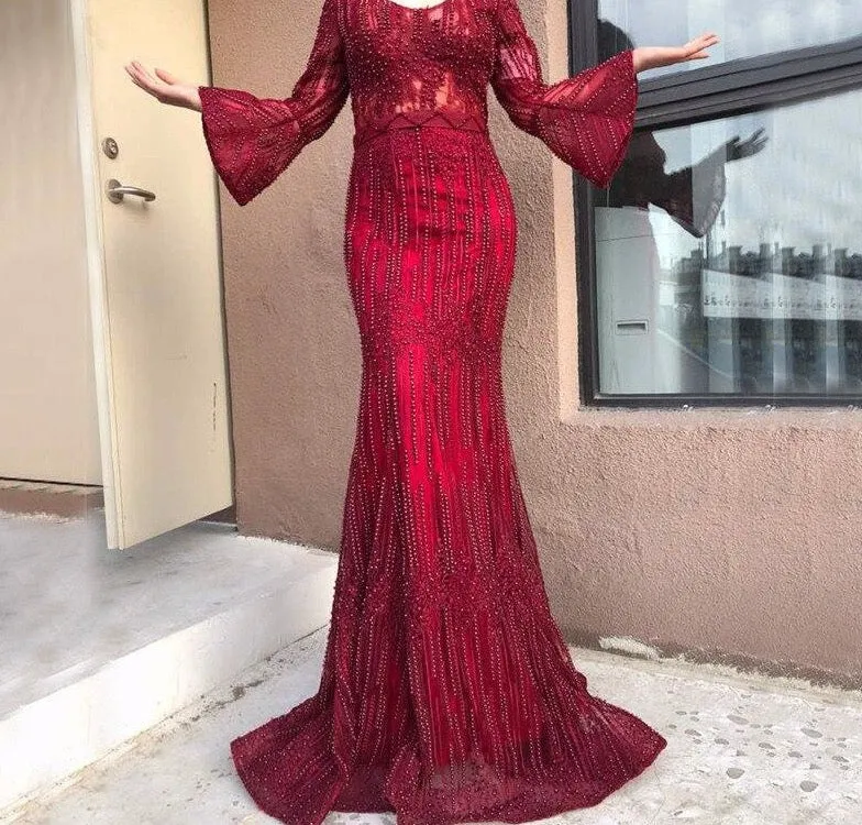 Long Sleeves Fashion Luxury Evening Dresses V-Neck Mermaid Pearls Crystal Sexy Formal Dress