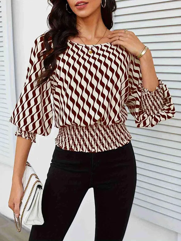 Loose Puff Sleeves Elasticity Printed Split-Joint Round-Neck Blouses & Shirts Tops