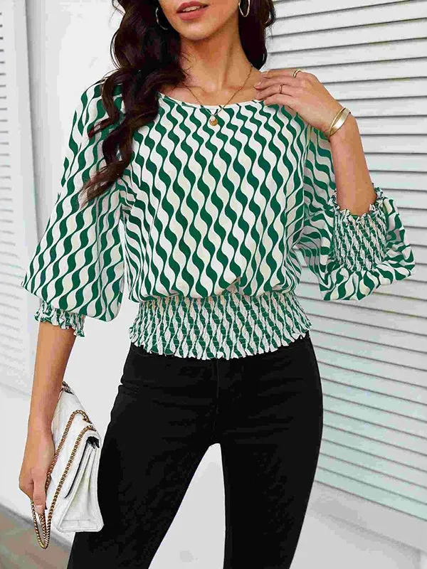 Loose Puff Sleeves Elasticity Printed Split-Joint Round-Neck Blouses & Shirts Tops