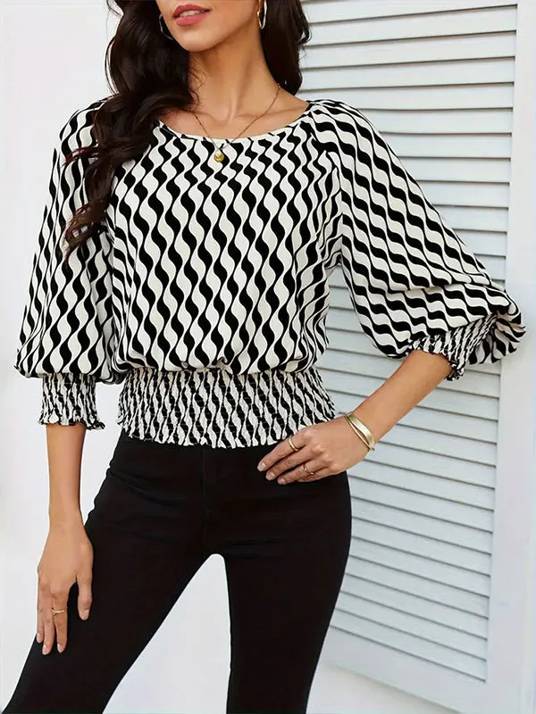 Loose Puff Sleeves Elasticity Printed Split-Joint Round-Neck Blouses & Shirts Tops