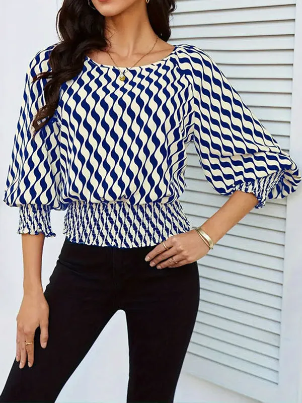 Loose Puff Sleeves Elasticity Printed Split-Joint Round-Neck Blouses & Shirts Tops