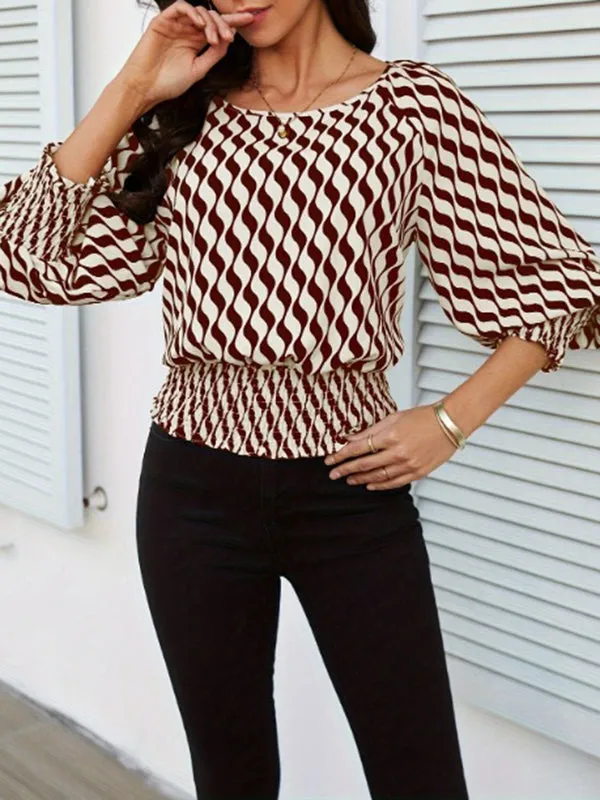 Loose Puff Sleeves Elasticity Printed Split-Joint Round-Neck Blouses & Shirts Tops