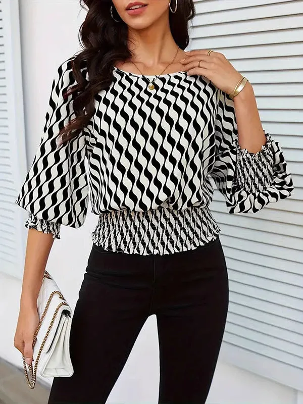 Loose Puff Sleeves Elasticity Printed Split-Joint Round-Neck Blouses & Shirts Tops