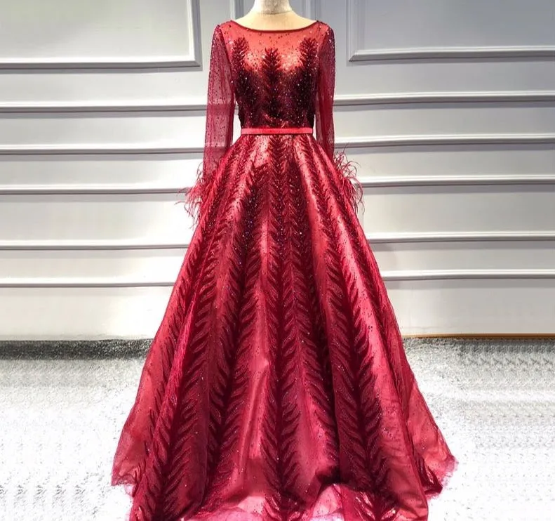 Luxury Wine Red  Dubai Design Evening Dresses Long Sleeves Feathers Crystal Formal Dress
